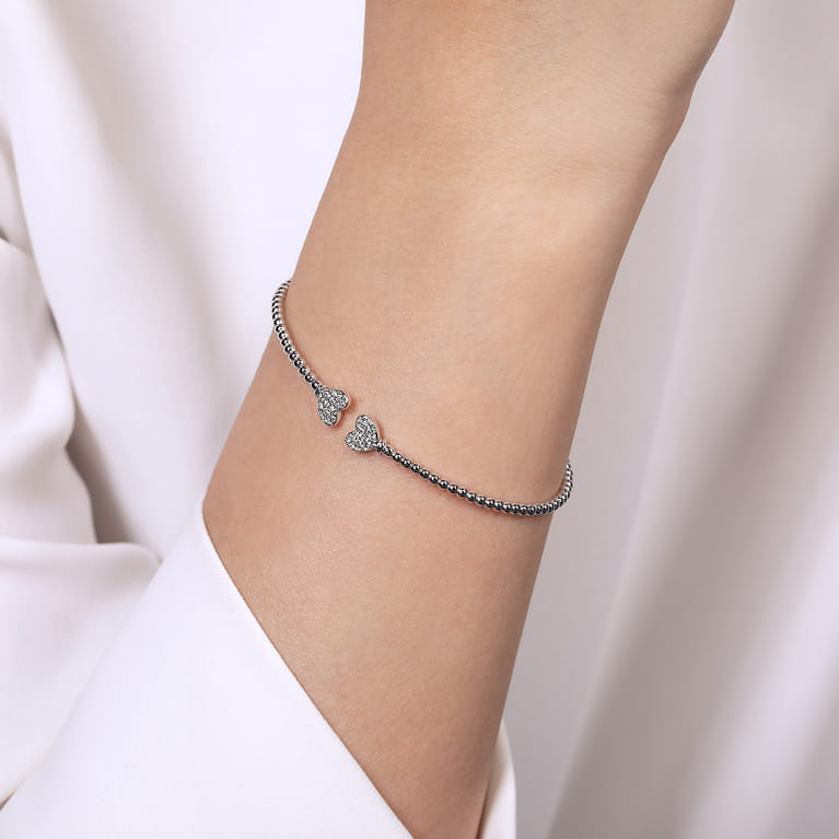 14K White Gold Bujukan Split Cuff Bracelet with Pave Diamond Hearts - 0.19 ct - Shot 4