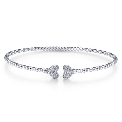 14K White Gold Bujukan Split Cuff Bracelet with Pave Diamond Hearts