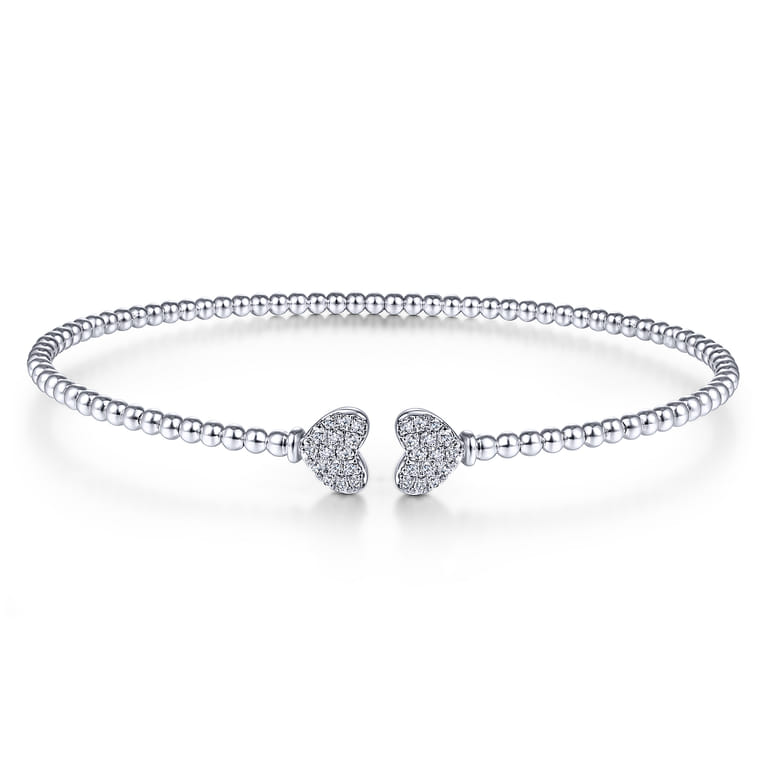 14K White Gold Bujukan Split Cuff Bracelet with Pave Diamond Hearts - 0.19 ct - Shot 1