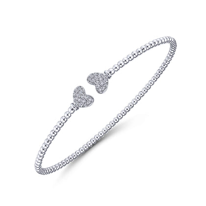 14K White Gold Bujukan Split Cuff Bracelet with Pave Diamond Hearts