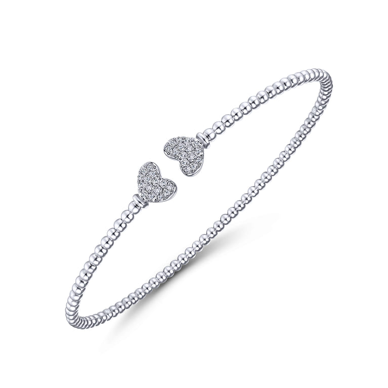 14K White Gold Bujukan Split Cuff Bracelet with Pave Diamond Hearts - 0.19 ct - Shot 2