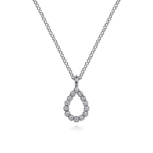 14K White Gold Butter Cup Set Diamond Teardrop Pendant Necklace