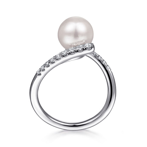 14K White Gold Bypass Pearl and Diamond Ring - 0.23 ct - Shot 2