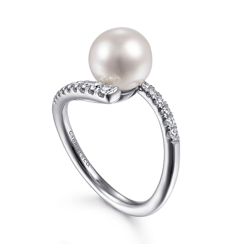 14K White Gold Bypass Pearl and Diamond Ring - 0.23 ct - Shot 3