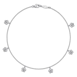 14K White Gold Chain Ankle Bracelet with White Gold Diamond Flower Charms
