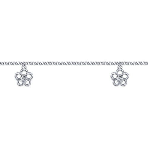 14K White Gold Chain Ankle Bracelet with White Gold Diamond Flower Charms - 0.08 ct - Shot 2