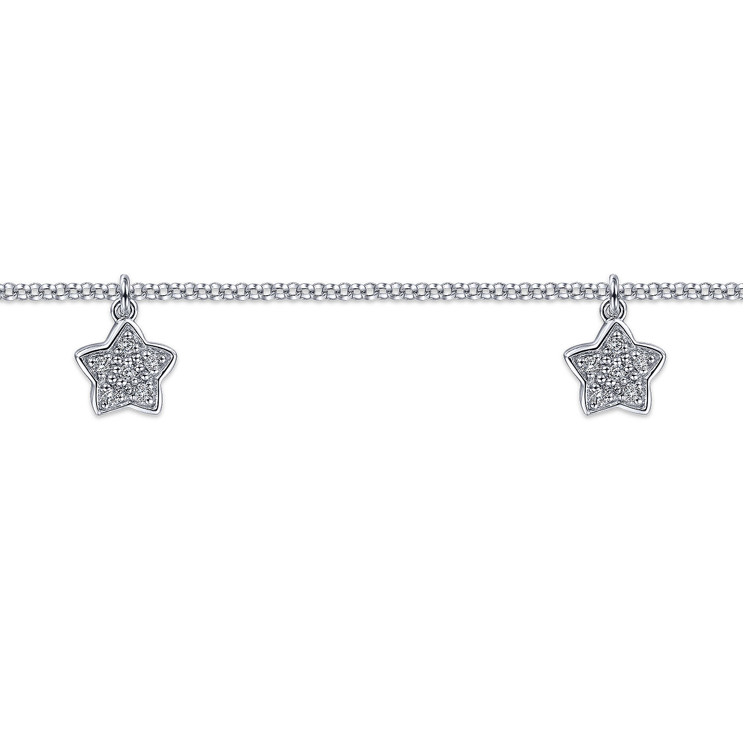 14K White Gold Chain Ankle Bracelet with White Gold Diamond Star Charms