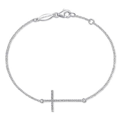 14K White Gold Chain Bracelet with Diamond Cross