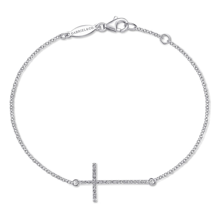 14K White Gold Chain Bracelet with Diamond Cross - 0.12 ct - Shot 1
