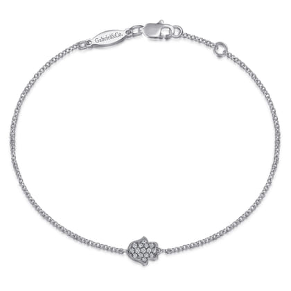 14K White Gold Chain Bracelet with Pave Diamond Hamsa