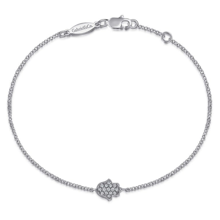 14K White Gold Chain Bracelet with Pave Diamond Hamsa - 0.11 ct - Shot 1