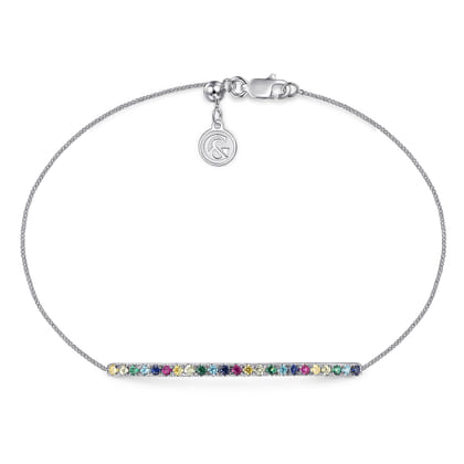 14K White Gold Chain Bracelet with Rainbow Color Stone Bar