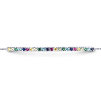 14K White Gold Chain Bracelet with Rainbow Color Stone Bar