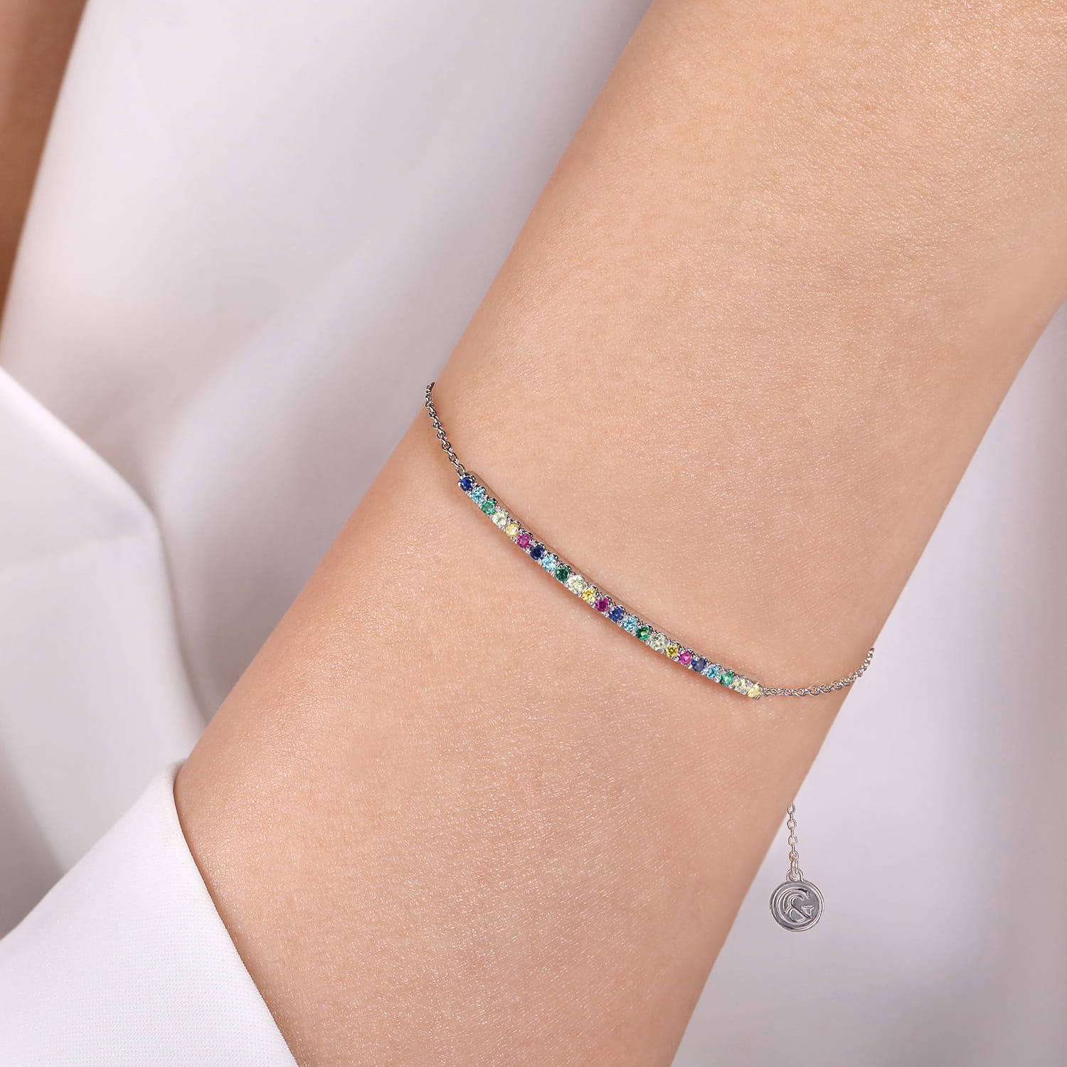14K White Gold Chain Bracelet with Rainbow Color Stone Bar - Shot 3