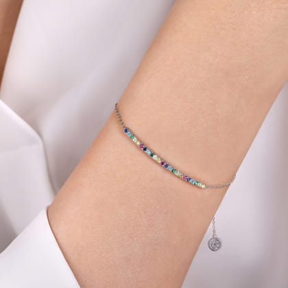 14K White Gold Chain Bracelet with Rainbow Color Stone Bar
