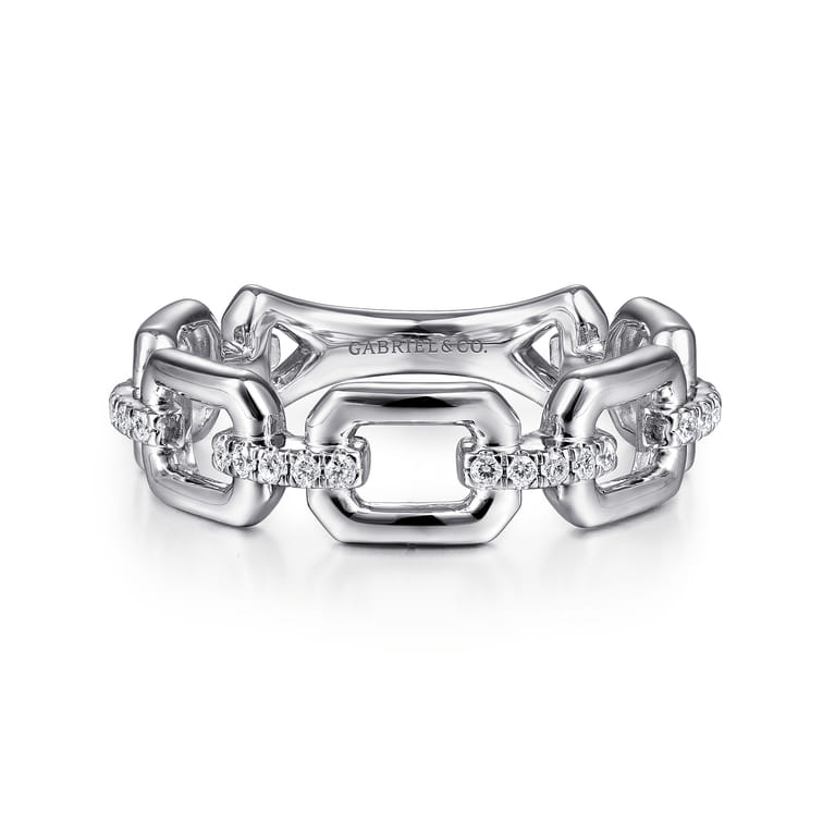 14K White Gold Chain Link Ring Band with Diamond Connectors - 0.1 ct - Shot 1