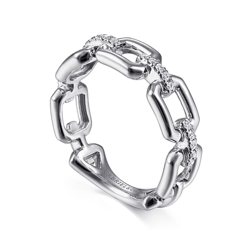 14K White Gold Chain Link Ring Band with Diamond Connectors - 0.1 ct - Shot 3