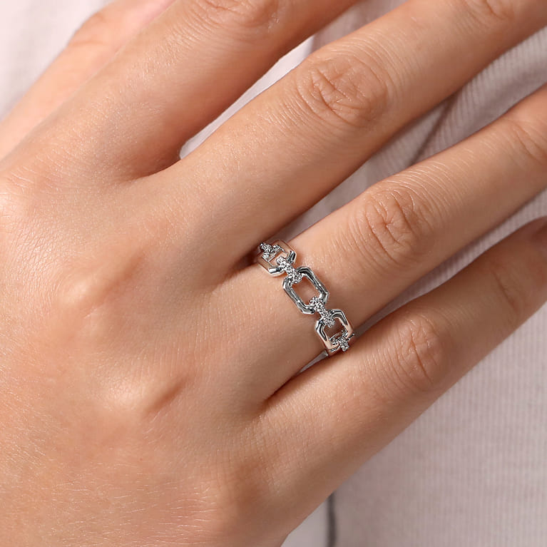 14K White Gold Chain Link Ring Band with Diamond Connectors - 0.1 ct - Shot 5