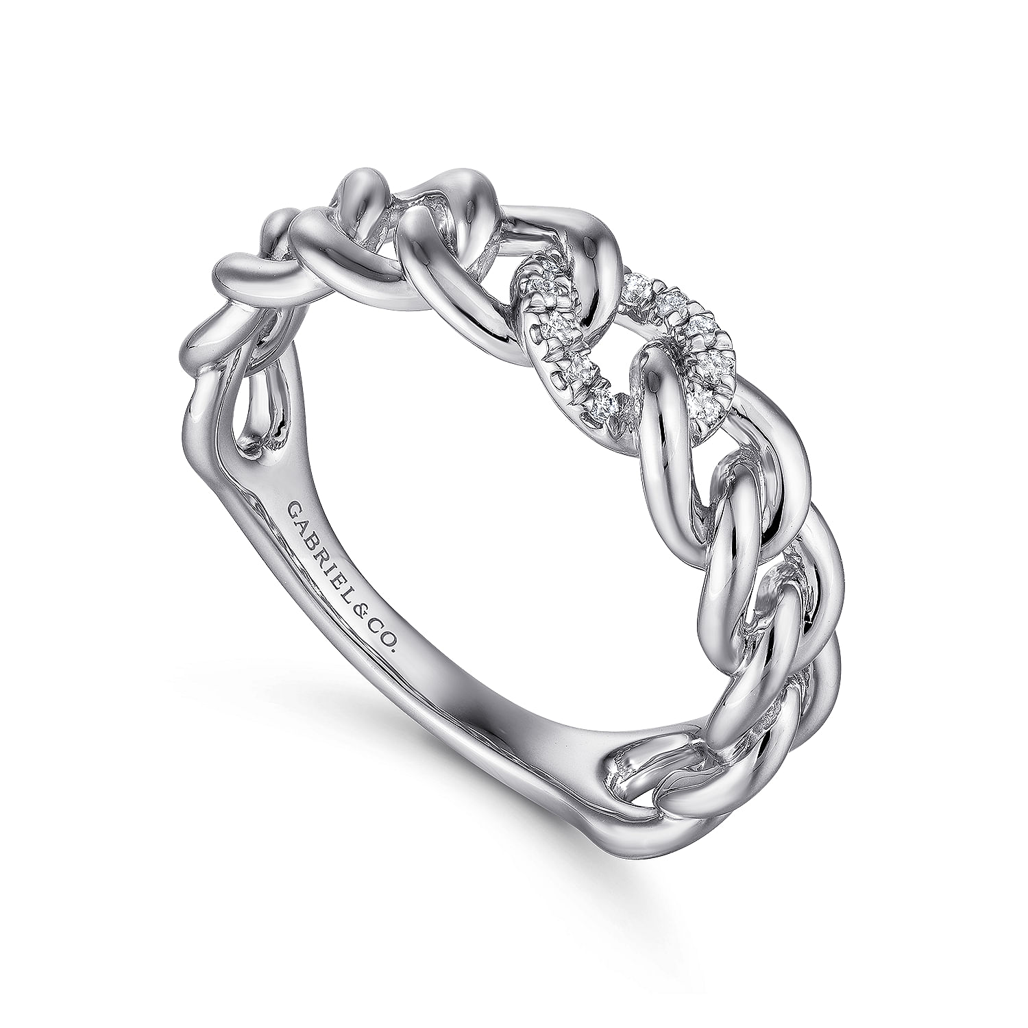 14K White Gold Chain Link Ring Band with Pave Diamond Station - 0.05 ct - Shot 3