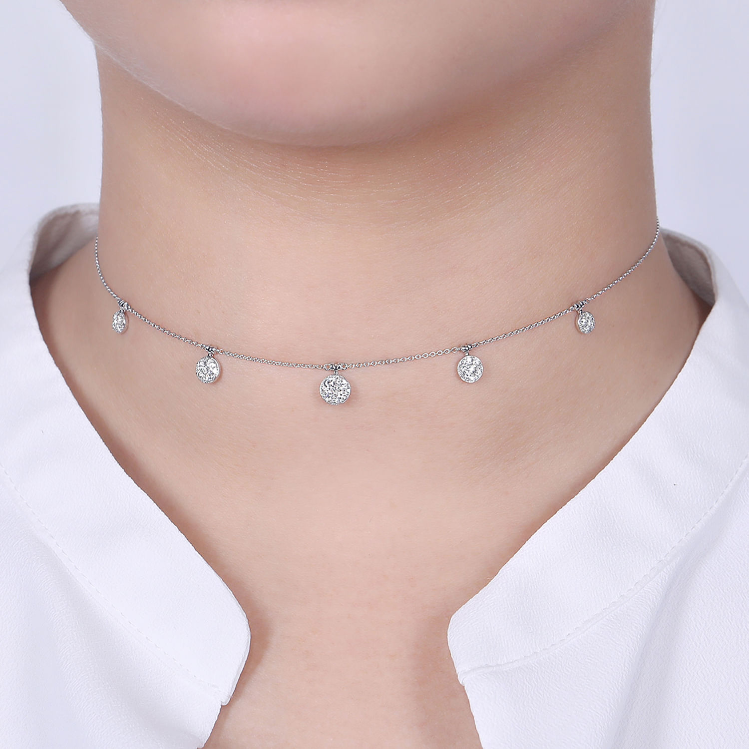 14K White Gold Chain Necklace with Pave Diamond Disc Drops