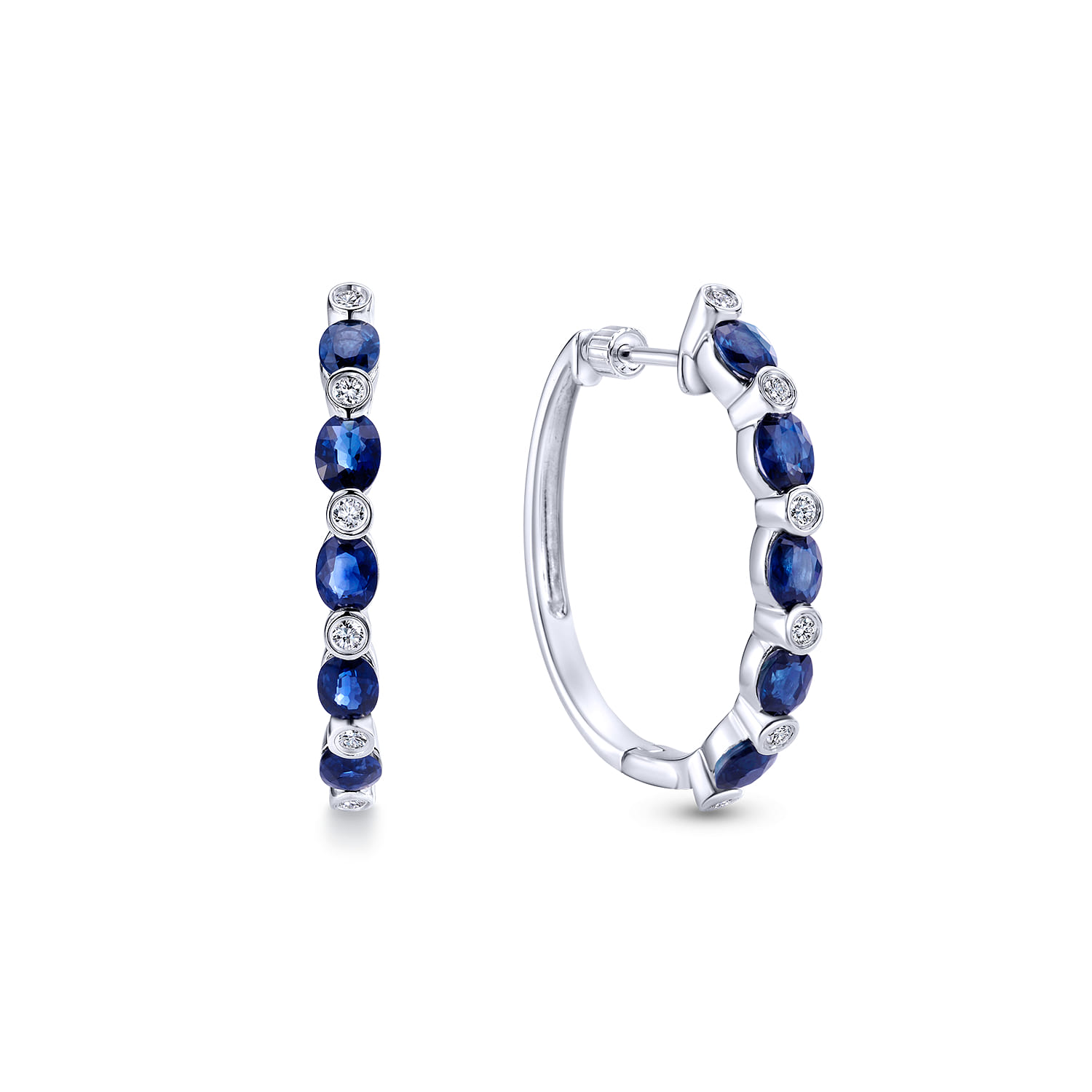 14K White Gold Channel Set 25mm Round Classic Diamond  Oval Sapphire Hoop Earrings - 0.15 ct - Shot 1