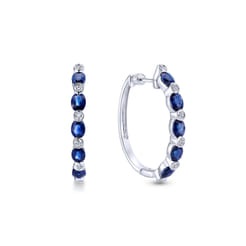 14K White Gold Channel Set 25mm Round Classic Diamond  Oval Sapphire Hoop Earrings