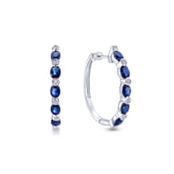 14K White Gold Channel Set 25mm Round Classic Diamond  Oval Sapphire Hoop Earrings