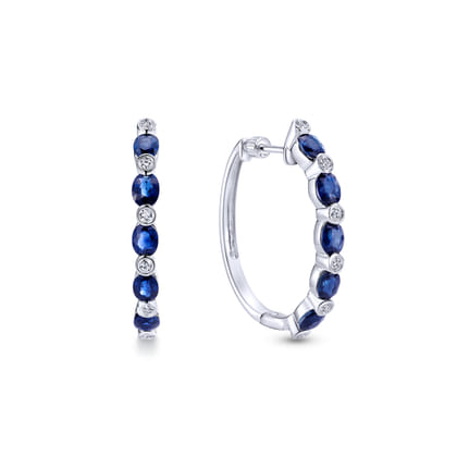 14K White Gold Channel Set 25mm Round Classic Diamond  Oval Sapphire Hoop Earrings