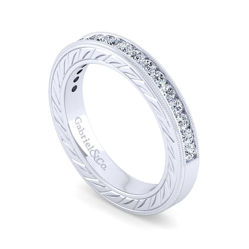 14K White Gold Channel Set Diamond Anniversary Band with Milgrain and Engraving - Shot 3