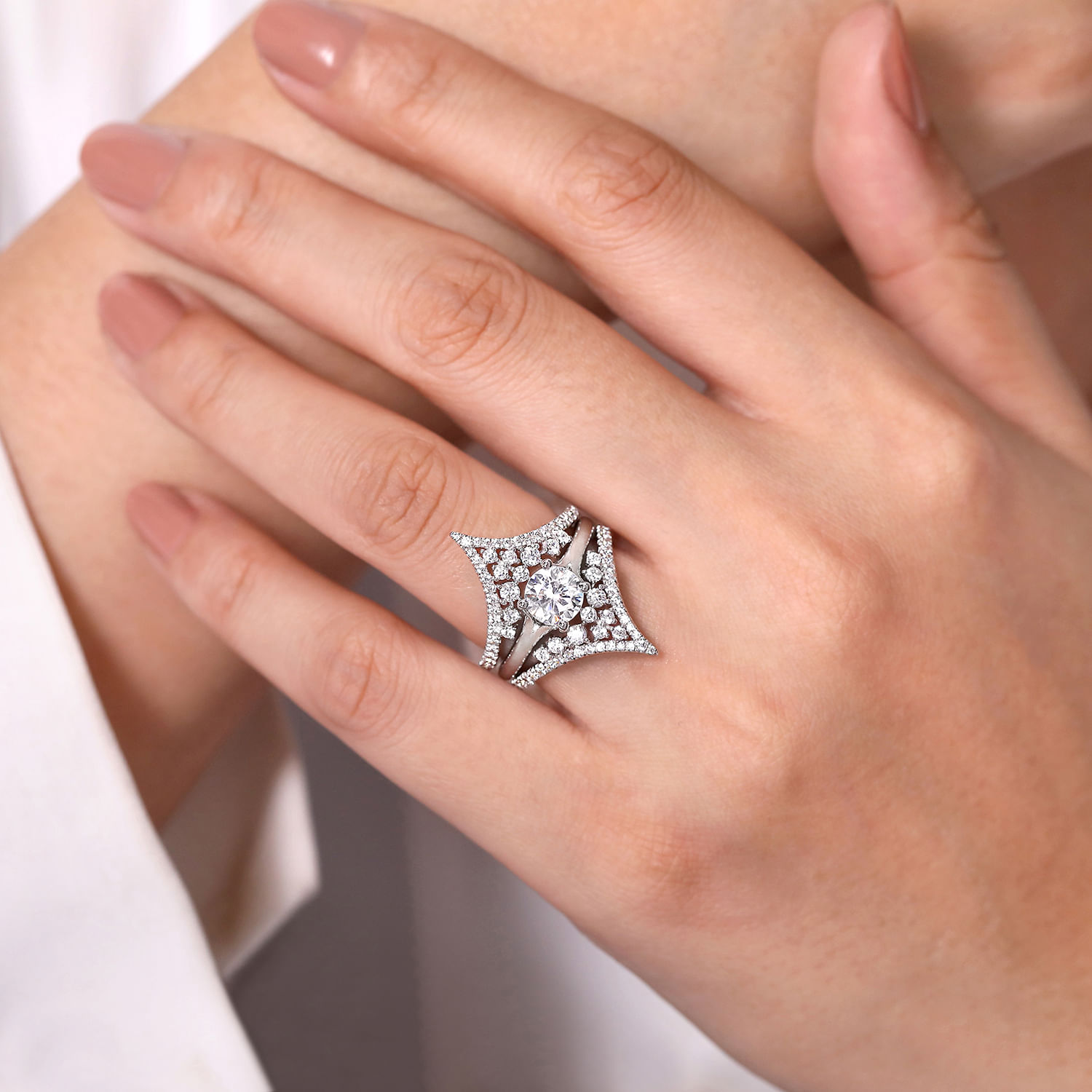 14K White Gold Chevron Diamond Ring Enhancer