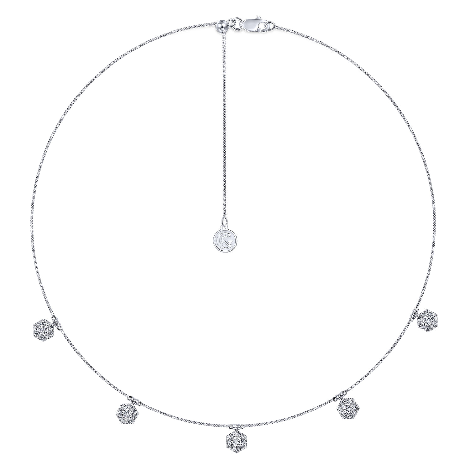 14K White Gold Choker Necklace with Hexagonal Diamond Halo Stations
