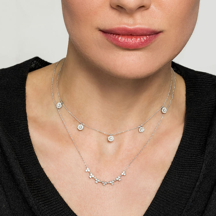 14K White Gold Choker Necklace with Hexagonal Diamond Halo Stations