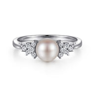14K White Gold Classic Cultured Pearl Diamond Accented Stackable Ring