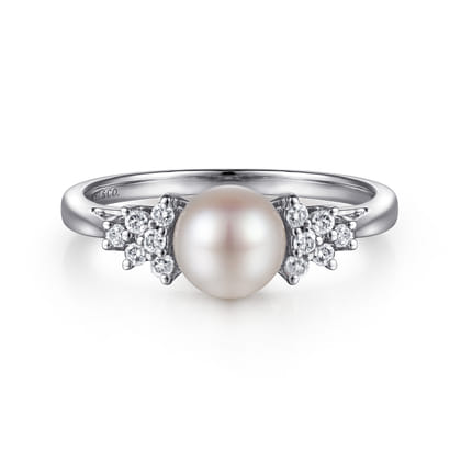 14K White Gold Classic Cultured Pearl Diamond Accented Stackable Ring