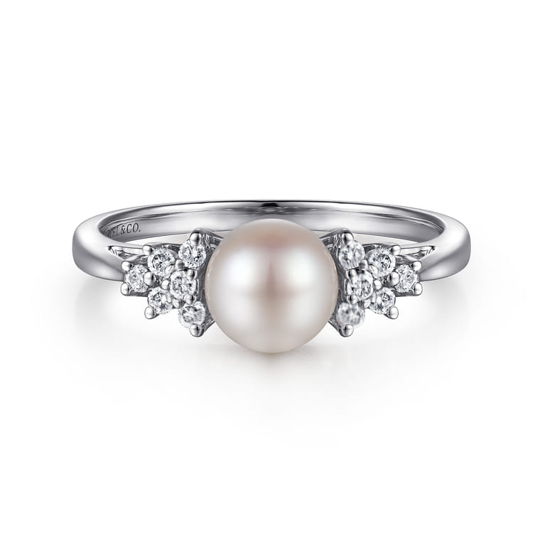 14K White Gold Classic Cultured Pearl Diamond Accented Stackable Ring - 0.12 ct - Shot 1