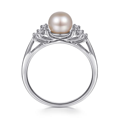 14K White Gold Classic Cultured Pearl Diamond Accented Stackable Ring