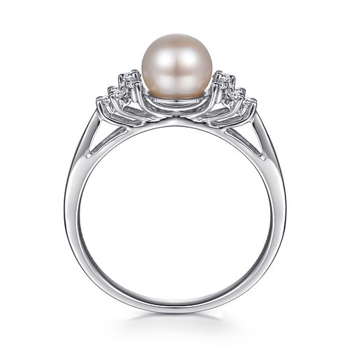 14K White Gold Classic Cultured Pearl Diamond Accented Stackable Ring - 0.12 ct - Shot 2