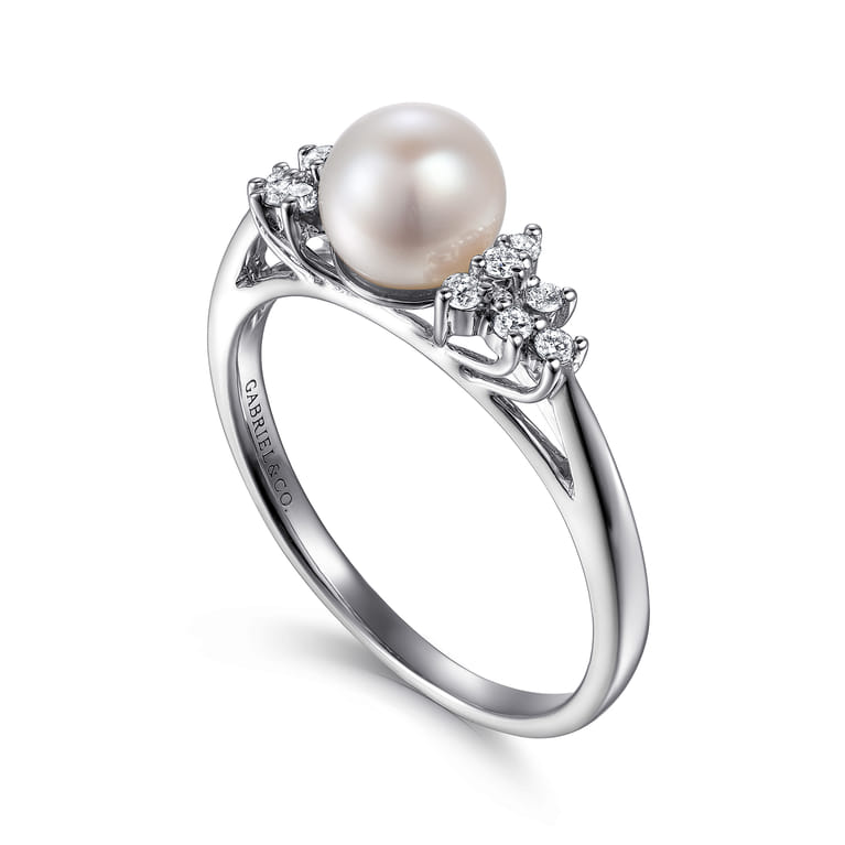 14K White Gold Classic Cultured Pearl Diamond Accented Stackable Ring - 0.12 ct - Shot 3