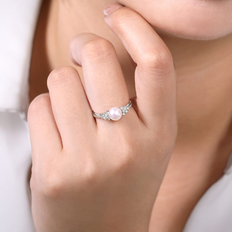 14K White Gold Classic Cultured Pearl Diamond Accented Stackable Ring - 0.12 ct - Shot 5
