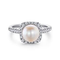 14K White Gold Classic Cultured Pearl and Diamond Halo Ring
