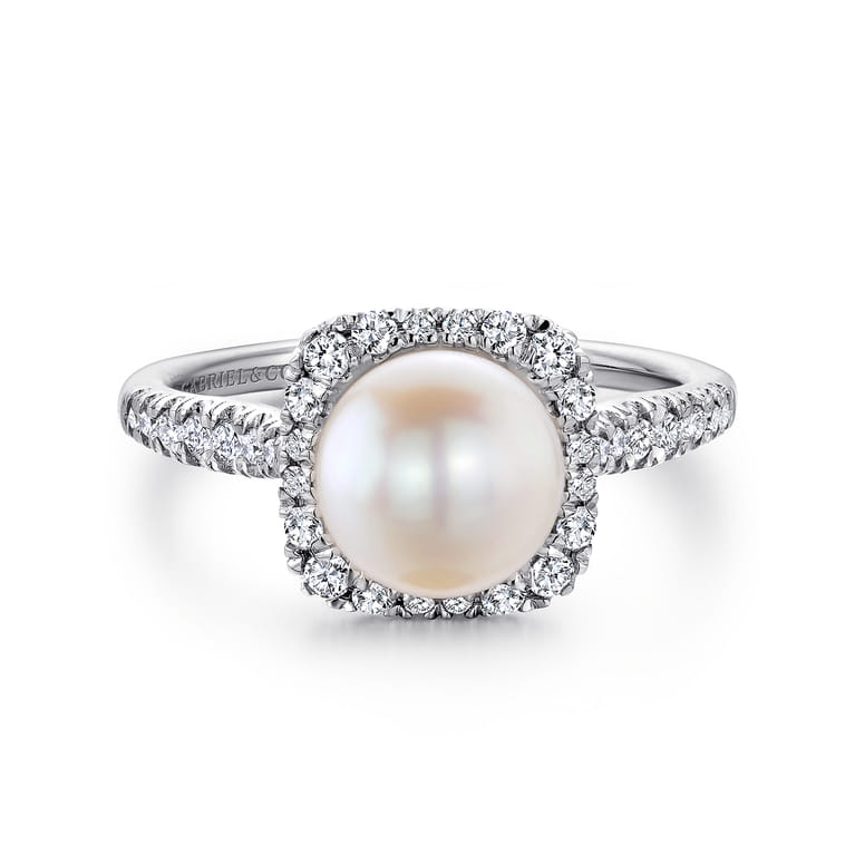 14K White Gold Classic Cultured Pearl and Diamond Halo Ring - 0.3 ct - Shot 1