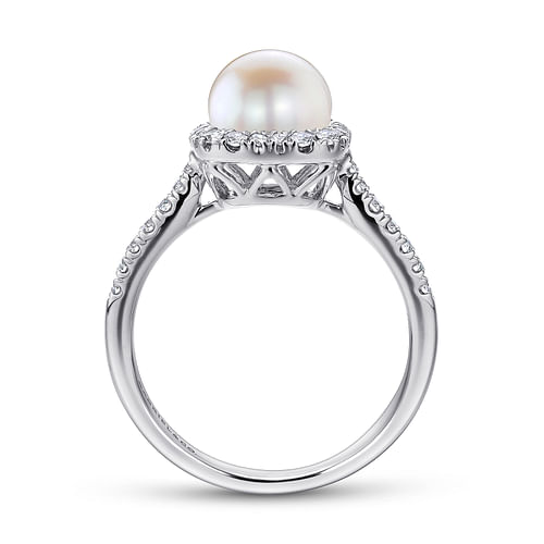 14K White Gold Classic Cultured Pearl and Diamond Halo Ring - 0.3 ct - Shot 2