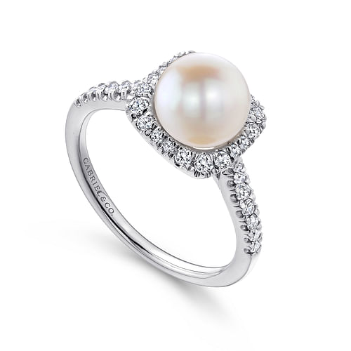 14K White Gold Classic Cultured Pearl and Diamond Halo Ring - 0.3 ct - Shot 3