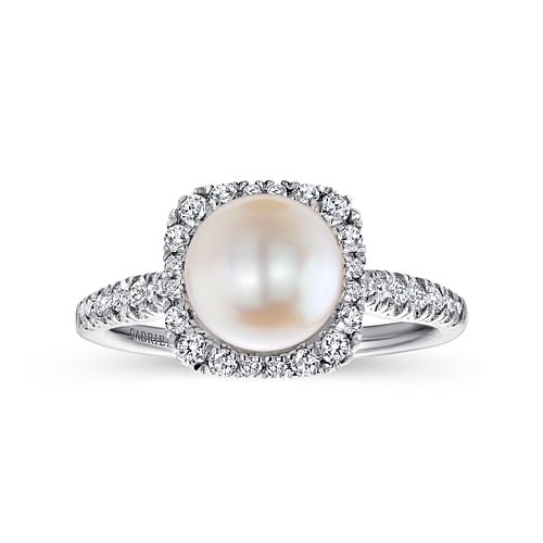 14K White Gold Classic Cultured Pearl and Diamond Halo Ring - 0.3 ct - Shot 4