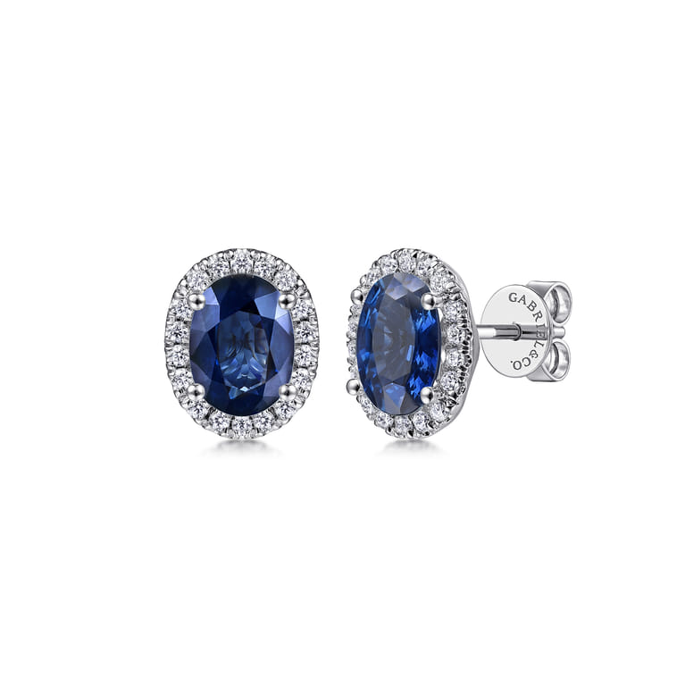 14K White Gold Classic Diamond Halo Oval Sapphire Stud Earrings - 0.25 ct - Shot 1