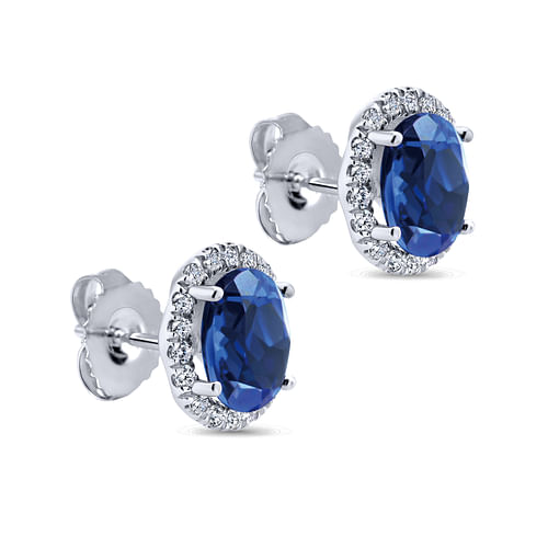 14K White Gold Classic Diamond Halo Oval Sapphire Stud Earrings - 0.25 ct - Shot 2