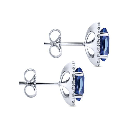 14K White Gold Classic Diamond Halo Oval Sapphire Stud Earrings - 0.25 ct - Shot 3