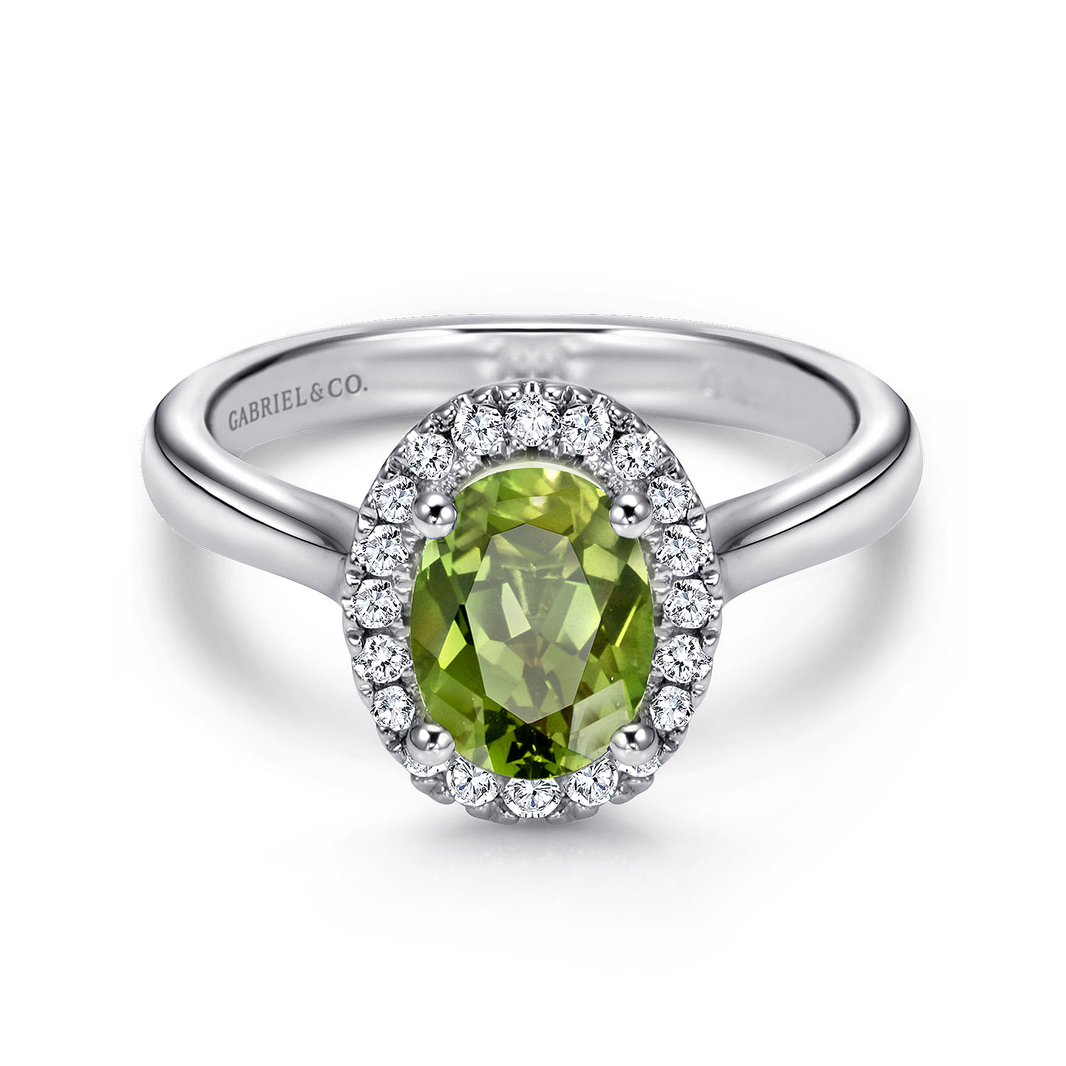 14K White Gold Classic Oval Peridot and Diamond Halo Ring