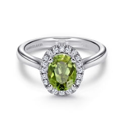14K White Gold Classic Oval Peridot and Diamond Halo Ring