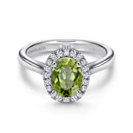 14K White Gold Classic Oval Peridot and Diamond Halo Ring